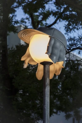 Installation view during nighttime, Alona Rodeh, Nightcaps (Hot), Brunnenviertel, Berlin 2025 Alona Rodeh, Girl (from the Safe and Sound Poster Series), 2015